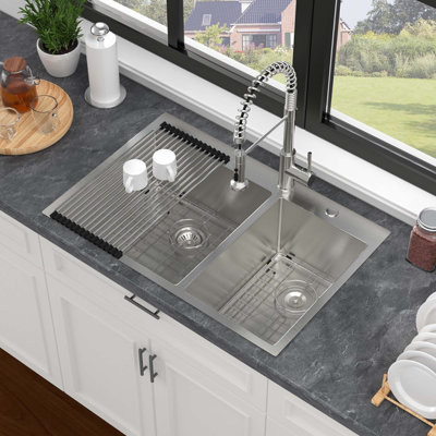 33" Double Bowl Drop-In Kitchen Sink 16 Gauge Stainless Steel 60/40 Split, Brushed Nickel