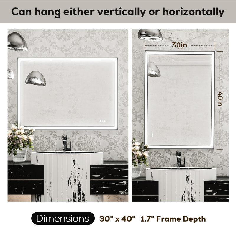 Front LED Anti-Fog Bathroom Vanity Mirror with Beveled Metal Framed, Matte Black, Rectangle, 30" x 40"