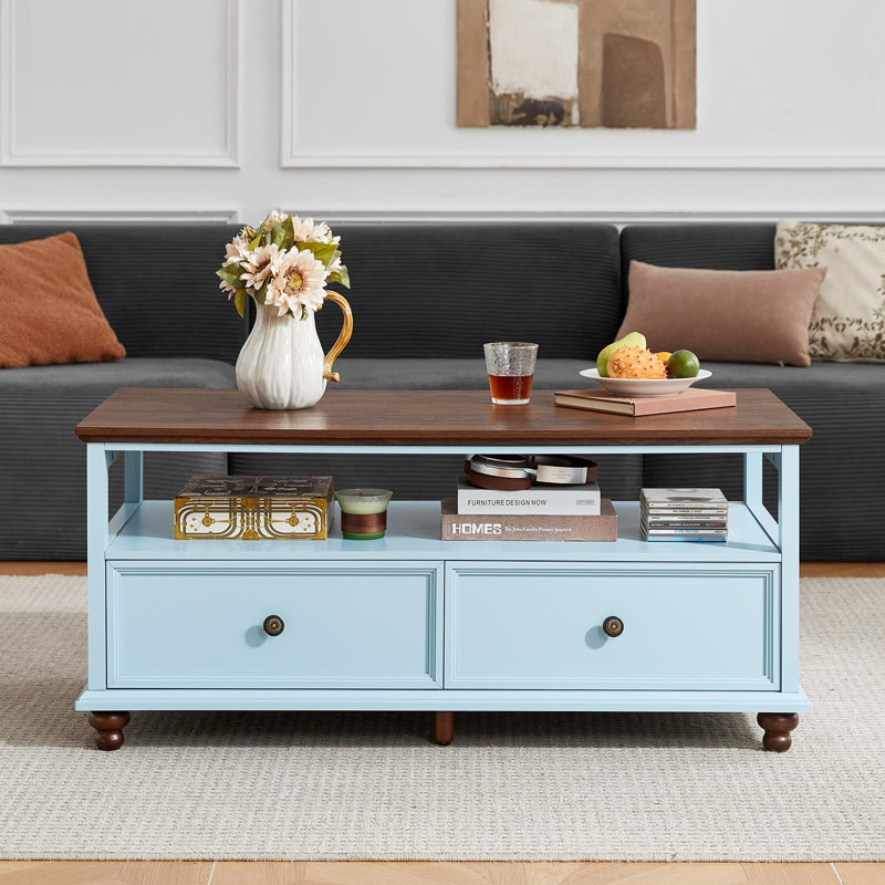 Table basse de style champêtre avec rangement et deux tiroirs, Bleu clair