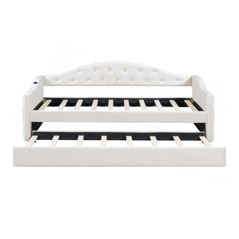 Tufted Upholstered Daybed With Trundle,Sofabed With USB&Type-C Charging Ports, Beige
