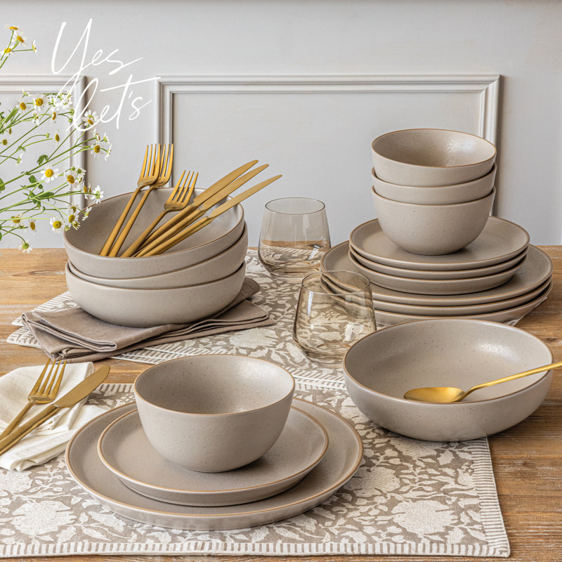 Over&back 16-Piece Artisan Stoneware Dinnerware Set, Tan