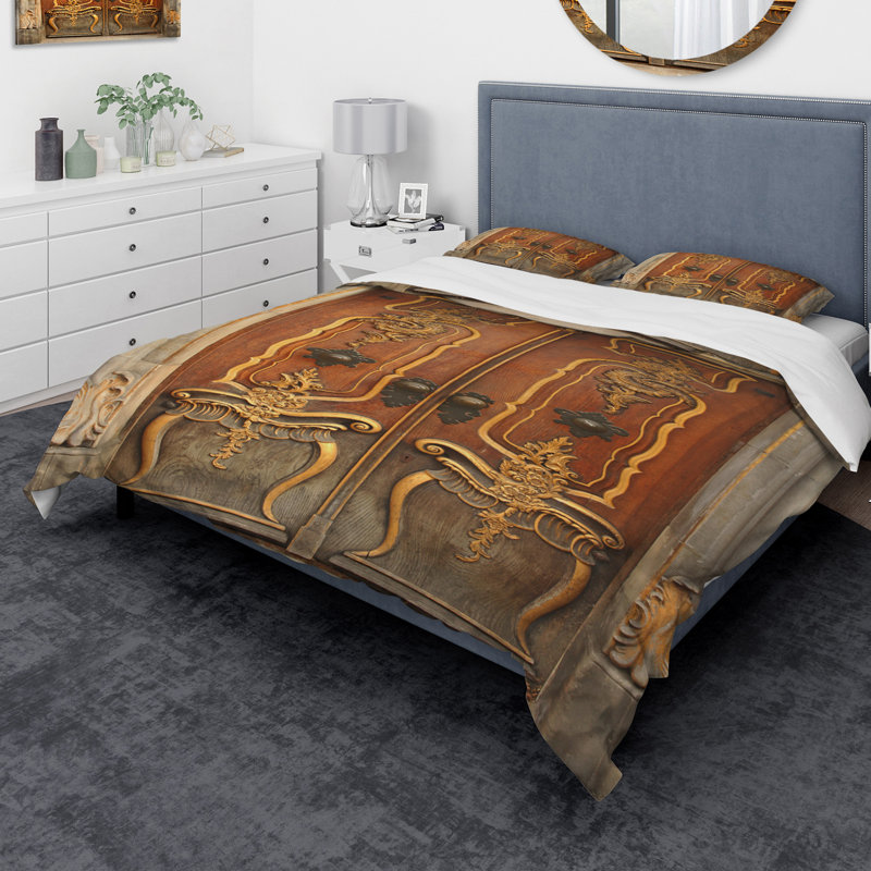 Ensemble de housse de couette brun vieilles portes avec ornements designart