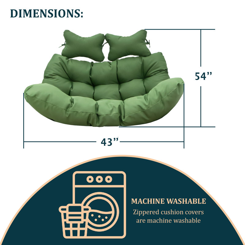 Modern Upholstered 2 Person Hanging Egg Swing Chair Cushion With Headrest, Dark Green