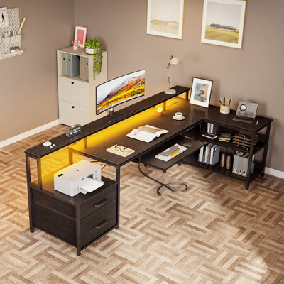 Sholpan L-Shaped Steel Computer Desk with Built-In Electrical Outlet