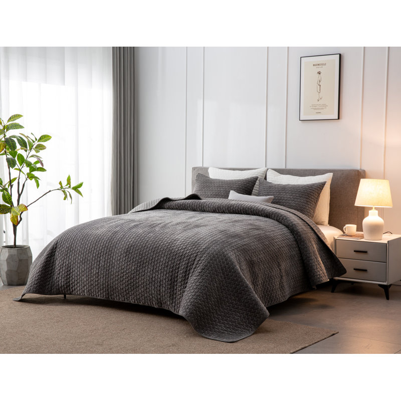Zera Cross Velvet Coverlet/Bedspread with Pillowcases, Gray, King Coverlet/Bedspread + 2 King Pillowcases