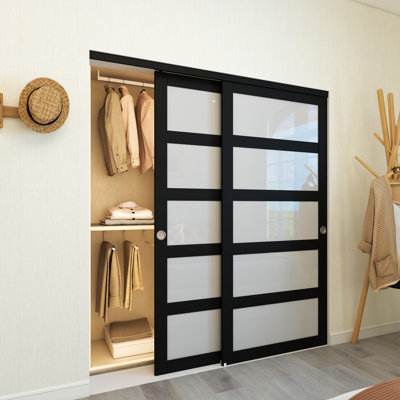 72"x80" 5-Lite Vinyl Wrapped Black Painted Glass Solid Core Sliding Closet Doors with Hardware Kit