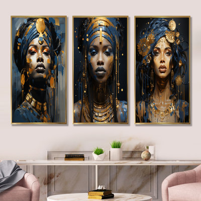 «Blue and Gold African Woman Goddess I», ensemble de 3 reproductions d'art sur toile