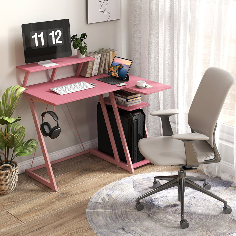 Computer Desk w/ Built-in Charge Station Metal Frame Gaming Desk w/ Monitor Shelf Writing Desk, Pink
