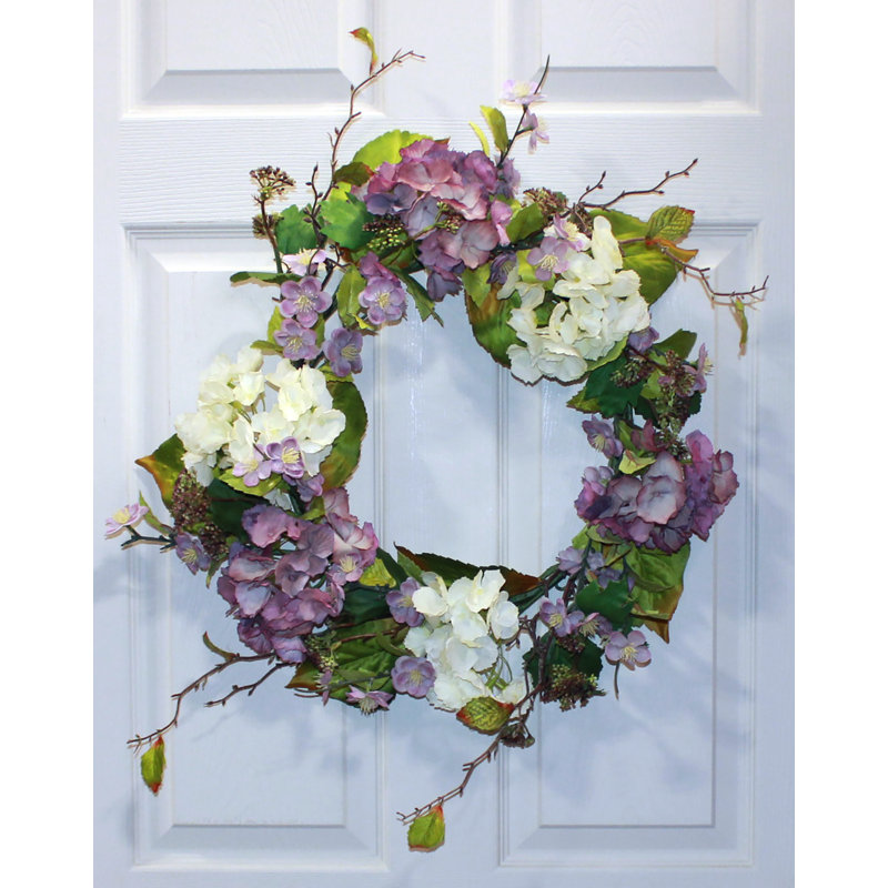 24" Artificial Hydrangea Flower and Seed Wreath, Green/Purple/White
