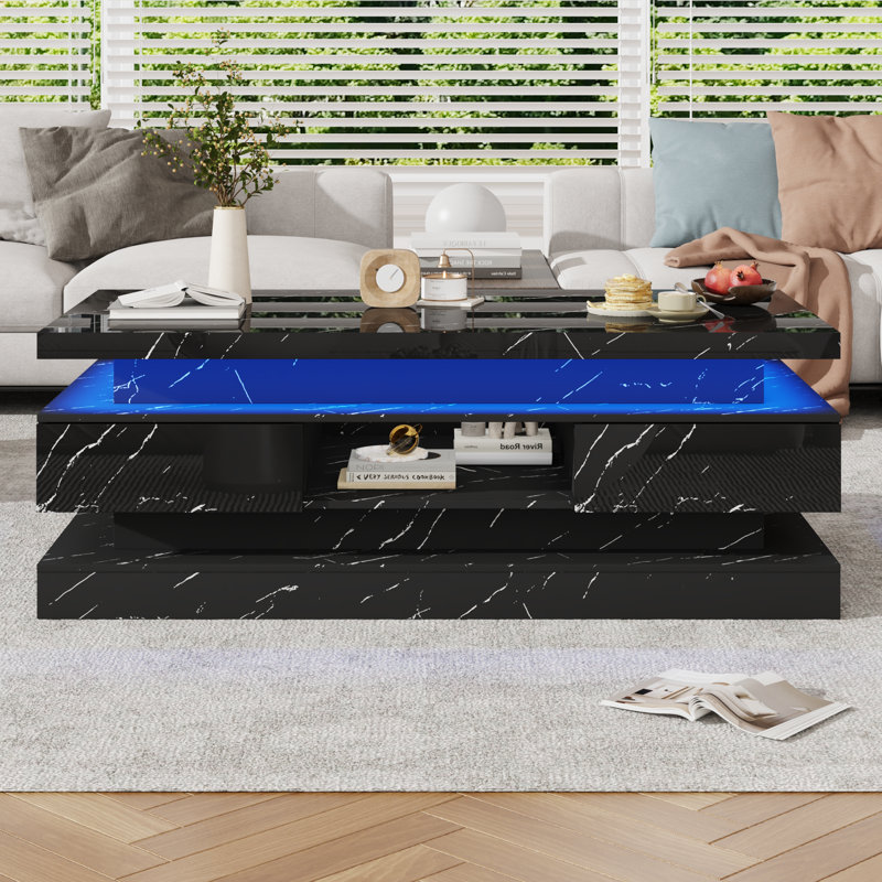 47.2'' LED Coffee Table With 2 Storage Drawers, High Gloss, Black