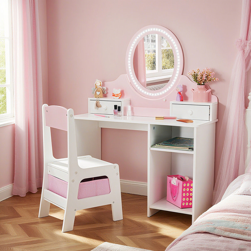 2 In 1 Toddler Vanity Table And Chair Set With Adjustable Light, Pink&white Makeup Vanity With 2 Drawer For Girls