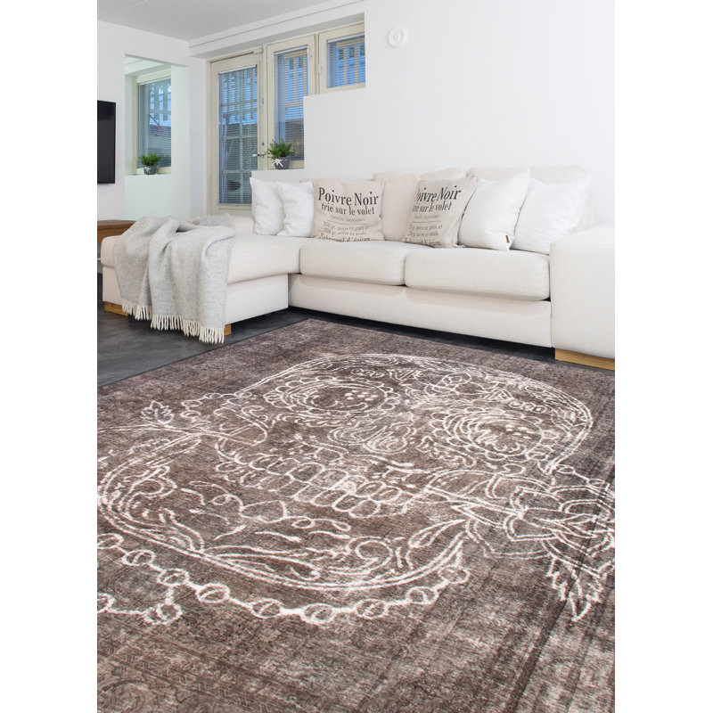 Tapis brun / blanc en laine noué à la main 9 pi 8 po x 13 pi 1 po