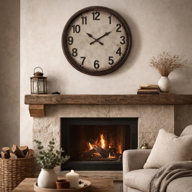 Wall Clock, 20 Inch Round In Antique Brown, Parchment Background