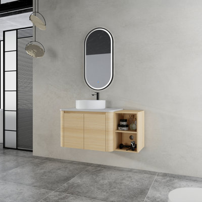 Meuble-lavabo mural 42 po avec lavabo d'art en céramique et 1 tablette de rangement, 2 portes à fermeture douce