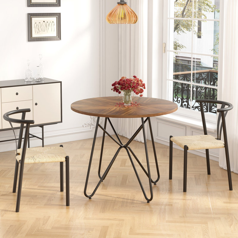 3-Piece Wooden Round Table And Weave Rattan Chairs Dining Kitchen Table Set