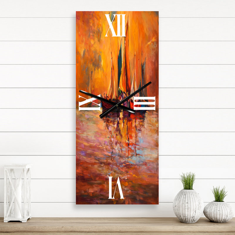 Bateaux sur l'océan au coucher du soleil I Horloge murale, Petit