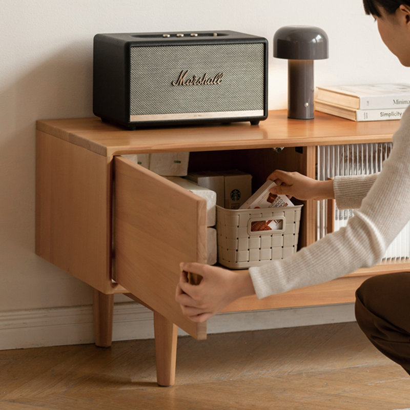 Meuble télé en peuplier avec portes coulissantes en verre, H 19,68 po x L 78,74 po x l 15,43 po