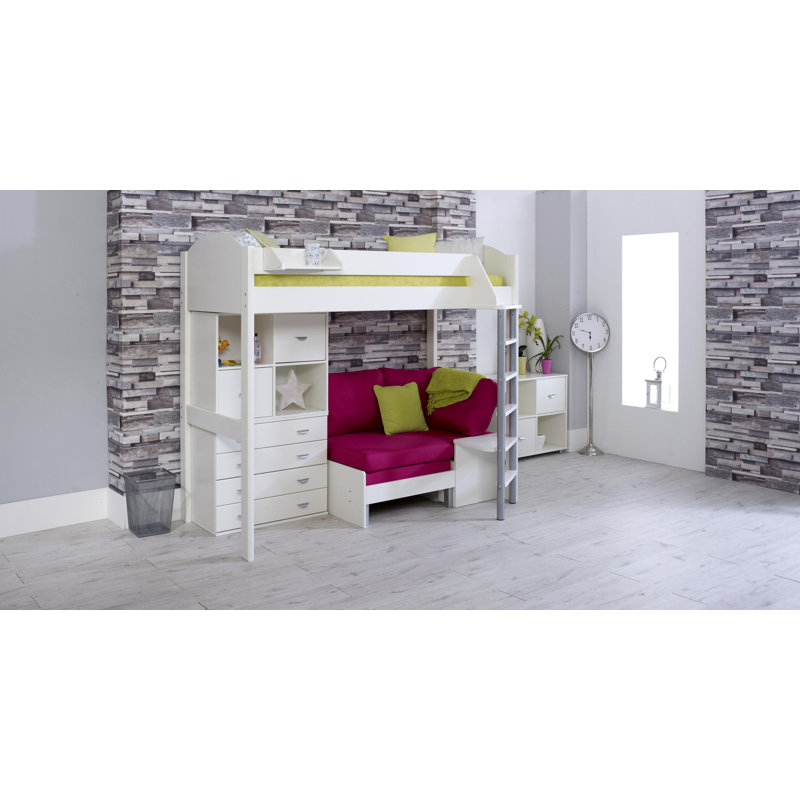 Melodie European Single (90 x 200cm) L-Shaped Bunk Bunk Bed with Bookcase, White, Pink