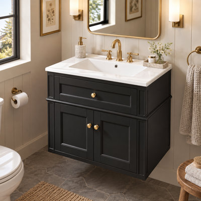 Modern French Inspired Wall Mounted Bathroom Vanity Cabinet with Tip Out Drawer, Soft Close Hinges, Back Open Design, Two Doors and Single Ceramic Sink for Bathrooms