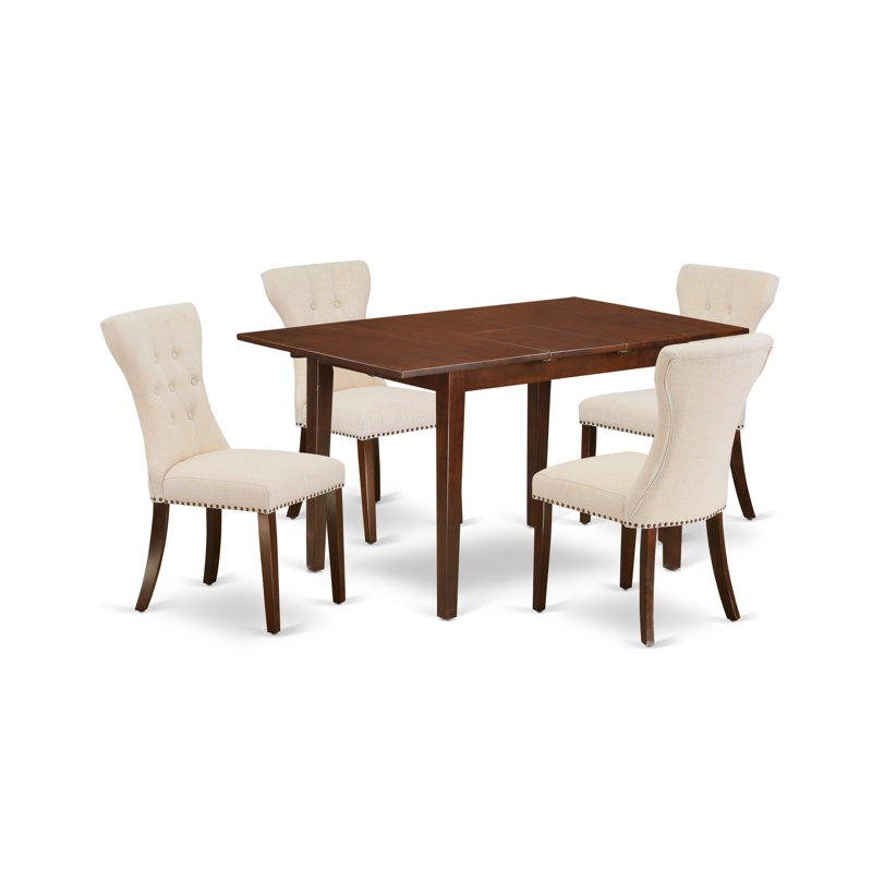 L'ensemble 5 pièces de table et chaises de cuisine comprend une table de salle à manger rectangulaire à feuilles de papillon et 4 chaises Parson en tissu de lin beige clair, acajou