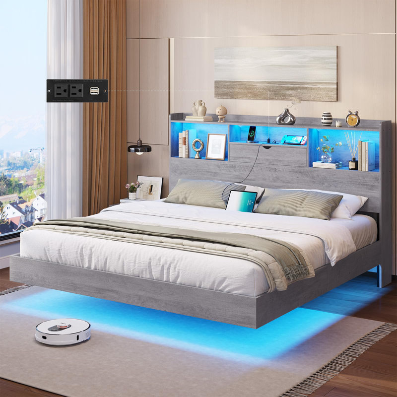 Très grand cadre de lit flottant avec lumières à DEL et rangement pour tête de lit, lit flottant visuel avec station de charge, lit plateforme en métal très grand avec structure stable, pas besoin de sommier, facile à assembler