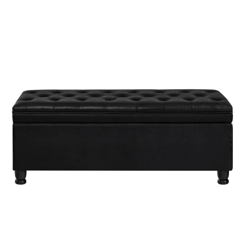 Upholstered Tufted Button Storage Bench ,Faux Leather Entry Bench With Spindle Wooden Legs, Bed Bench- Black