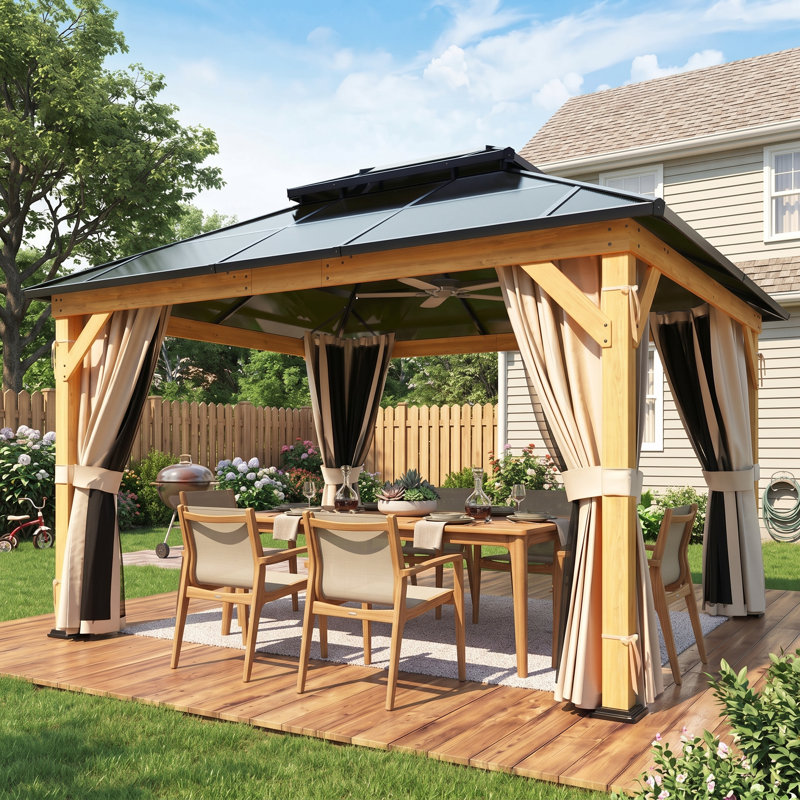 Gazebo en bois à toit rigide de 3,35 m x 3,96 m avec toit double couche, rideaux et moustiquaire, pavillon extérieur spacieux avec crochets pour terrasse, jardin et cour arrière