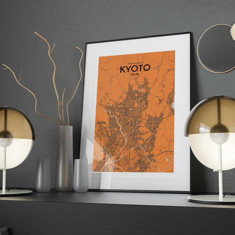 Kyoto City Map In Orange - No Frame Print, 17cm H x 11cm W x 0.05cm D