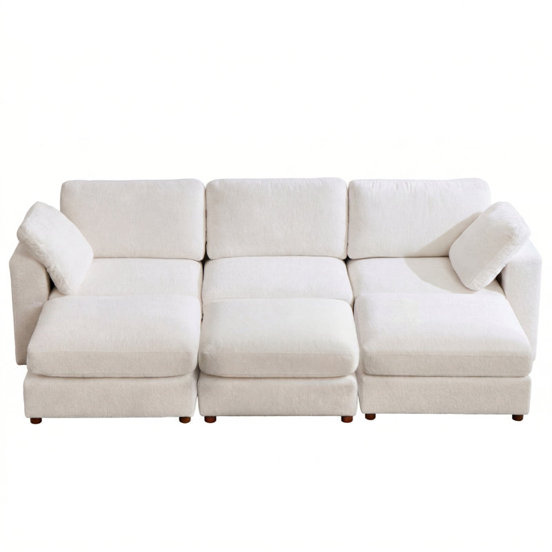 137.7" Modular Sofa Oversized Cloud Couch With 3 Ottoman And 2 Built-In Storage Side Tables, White Teddy
