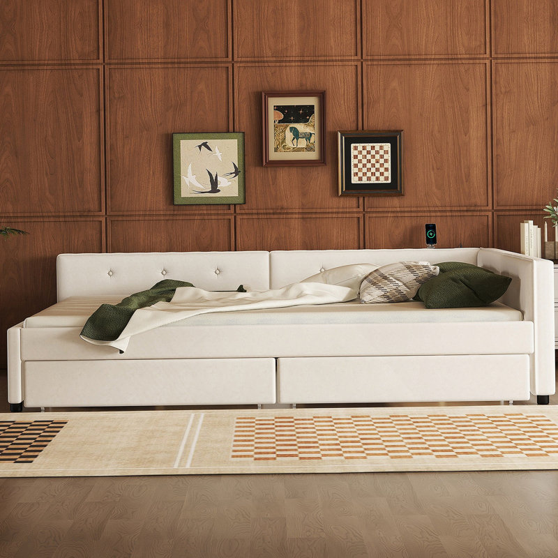 Upholstered Platform Bed with USB and 2 Drawers, Queen