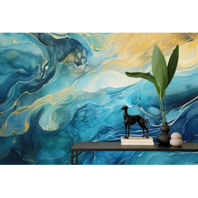 Blue Gold Alcohol Ink Abstract Wall Mural, Ocean Wave Marble Fluid Art Wallpaper for Home Decor