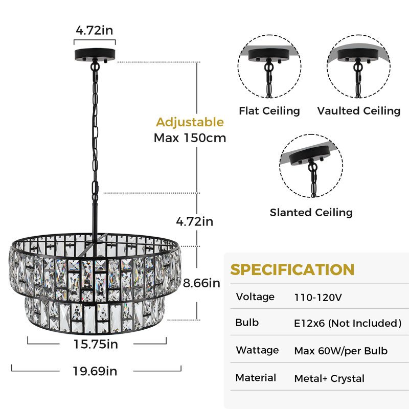 Modern 6-light Black Drum Chandelier With 2-tier K9 Crystal