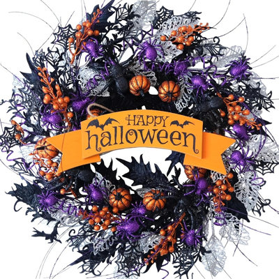 Couronne d'Halloween citrouille araignée scintillante d'Halloween, décoration de porte d'Halloween noire et mauve, couronne de porte d'entrée effrayante pour l'intérieur et l'extérieur
