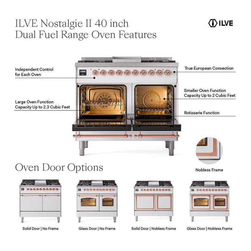 ILVE Nostalgie II 40 in Dual Fuel Range, Natural Gas, White/Copper