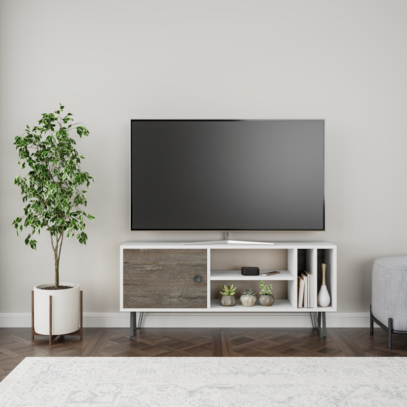 Meuble télé moderne avec option de fixation murale, blanc avec gris foncé, 47,2 po x 9,8 po x 20,3 po | 100% panneau de particules enduit de mélamine, épaisseur: 0,7 pouce | Comprend plusieurs tablettes pour le divertissement organisé