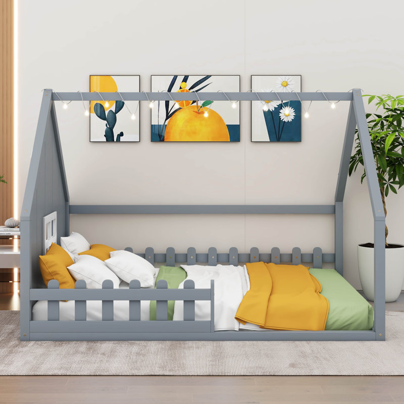 Lenard Kids Full Size Wood House Bed, Gray