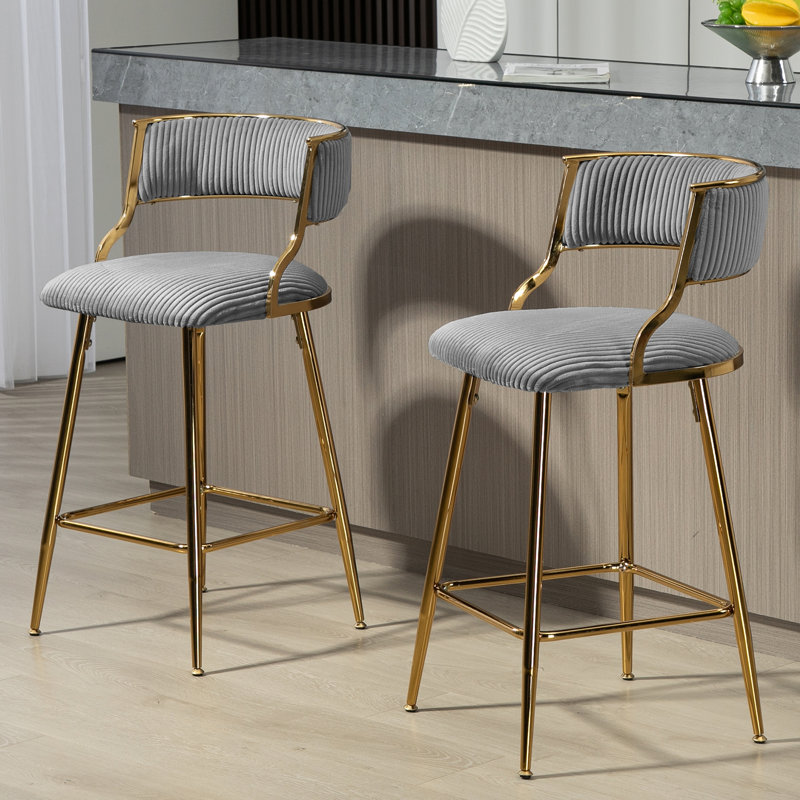 ENSEMBLE DE Tabourets de bar à hauteur de comptoir de 2,26 po en velours côtelé avec dossier en velours côtelé, base dorée et repose-pieds (GRIS)