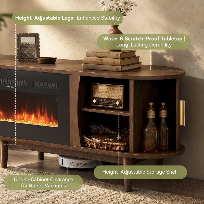70" Fluted Fireplace TV Stand For Up To 80" Tvs, Modern Media Console With Adjustable Flame Colors/Temp, Remote & Touch Control, Storage Entertainment Center For Living Room (Walnut)