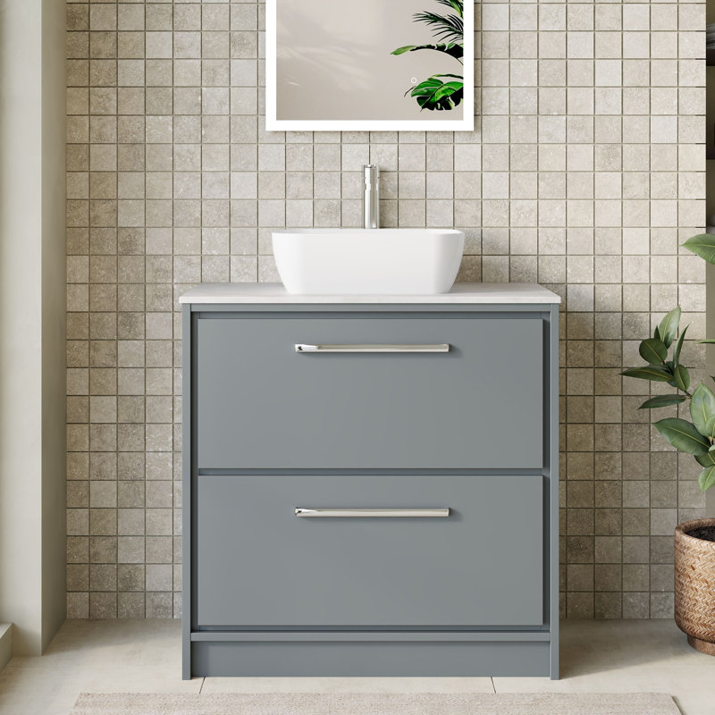 Hudson Reed Lille 800mm Coastal Grey 2 Drawer Floor Standing Vanity Unit With White Marble Worktop