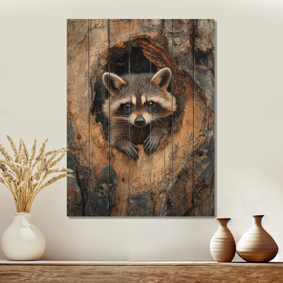 Canadian Raccoon At Forest On Slide III - Raccoon Animal Wood Wall Art - On Natural Pine Wood