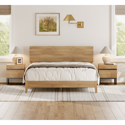 3-Piece Bedroom Set, Queen Bed Frame with Wave Headboard & 2 Nightstand，Oak