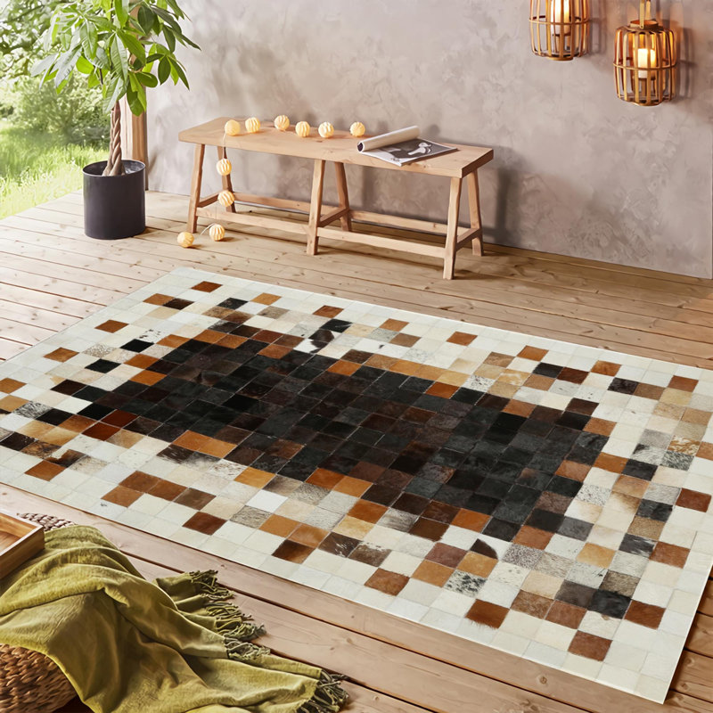 Tapis patchwork en cuir de vache véritable noir et brun, Rectangle 8 pi 10 po x 12 pi