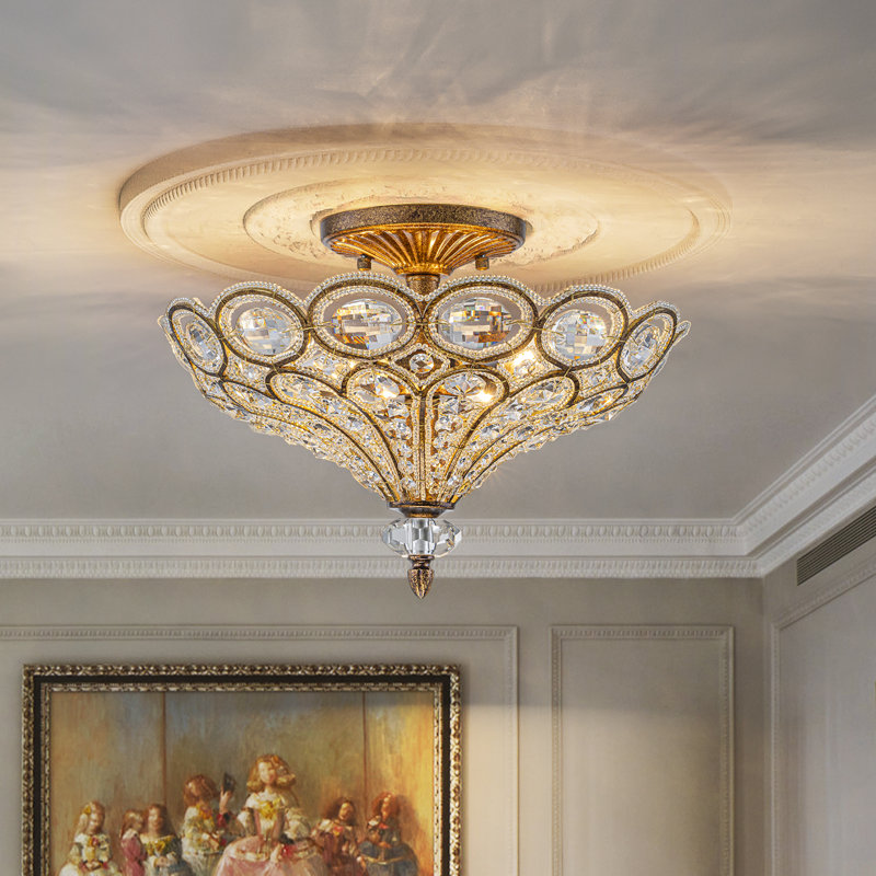 Plafonnier semi-encastré 4 lumières avec perles de cristal French Glam