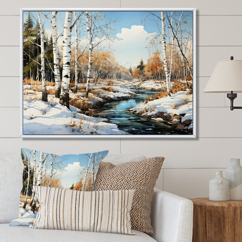 Birch Woods Winter Whispers III - Imprimé, Cadre flottant blanc, H 12 po x l 20 po x P 1 po
