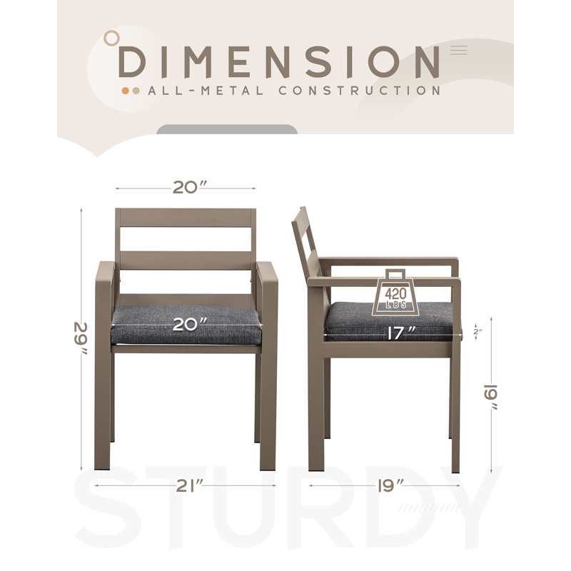 Ensemble de 2 chaises de patio avec coussin amovible, dossier ergonomique à 105 °, structure en métal robuste avec accoudoirs, résistant aux intempéries, brun