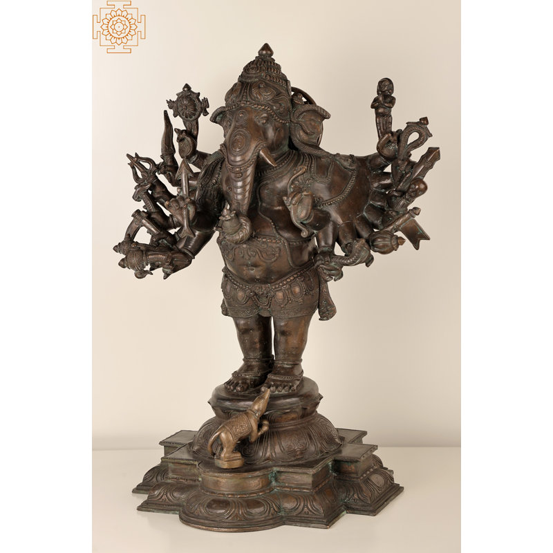 23" Bhagawan Rakshak Ganesha – Handmade Panchaloha Bronze Statue, 16-Armed Protector, Madhuchista Vidhana Lost-Wax from Swamimalai