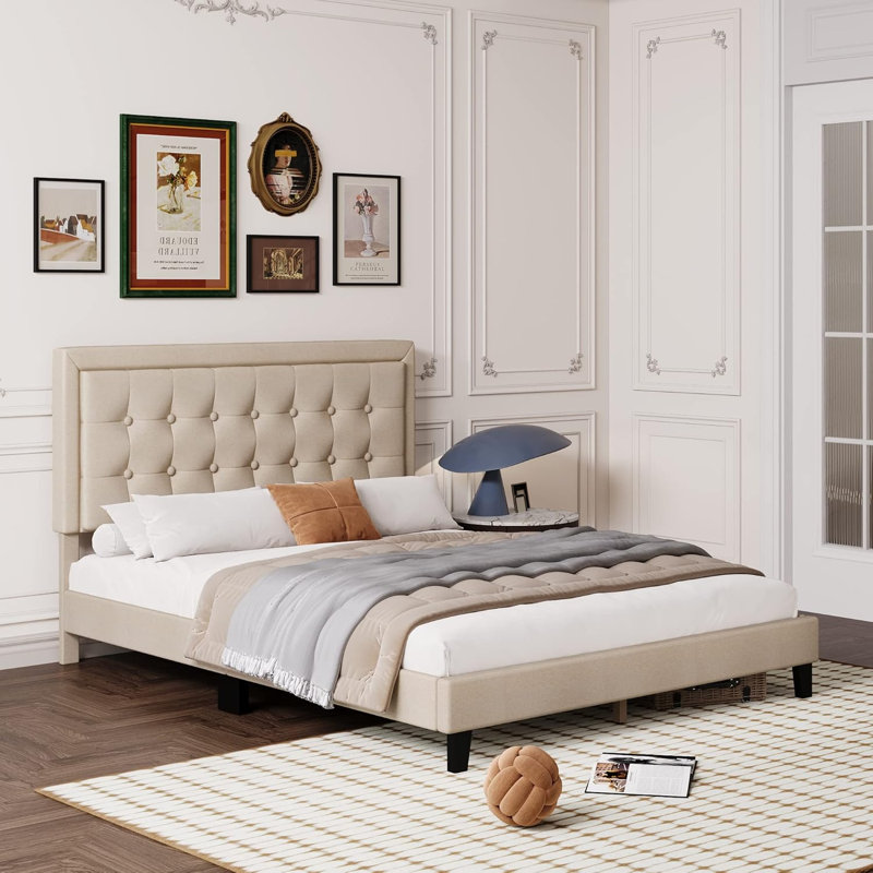 Très grand cadre de lit tapissier très grand avec tête de lit capitonnée, lit plateforme bleu, lattes de bois, sans sommier, métal robuste