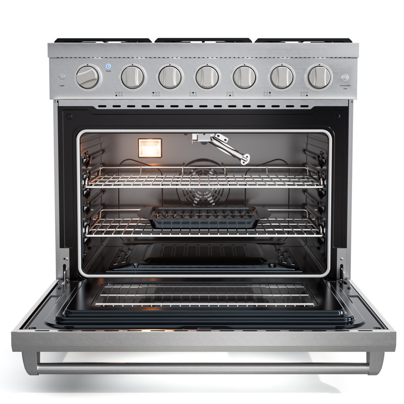 36-Inch Slide-In Gas Range with 6 Burners, Convection Bake, Roast, Broil & Dehydration Modes, Professional-Grade Knob Controls, LP Conversion Kit, Includes 2 Oven Racks, Anti-Tip Bracket, and Baking Pan with Drip Tray