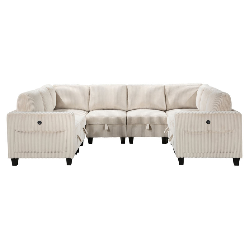Canapé modulaire en bois massif de 8 pièces avec sièges de rangement, poches latérales et ports de charge, Beige
