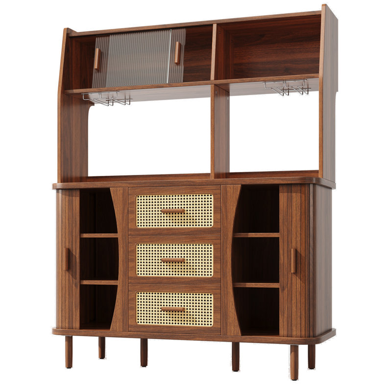 Kitchen Cabinet With 3 Rattan Drawers And 4 Sliding Doors Natural, Walnut